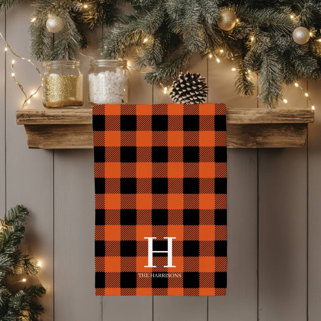 Orangeschwarzes Büffel-Karo-Monogramm-Weihnachten Geschirrtuch (Von Creator hochgeladen)