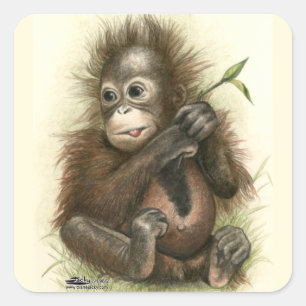 Orangutan Baby With Leaves Quadratischer Aufkleber