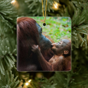 Orangutan Mutter mit Baby Keramikornament