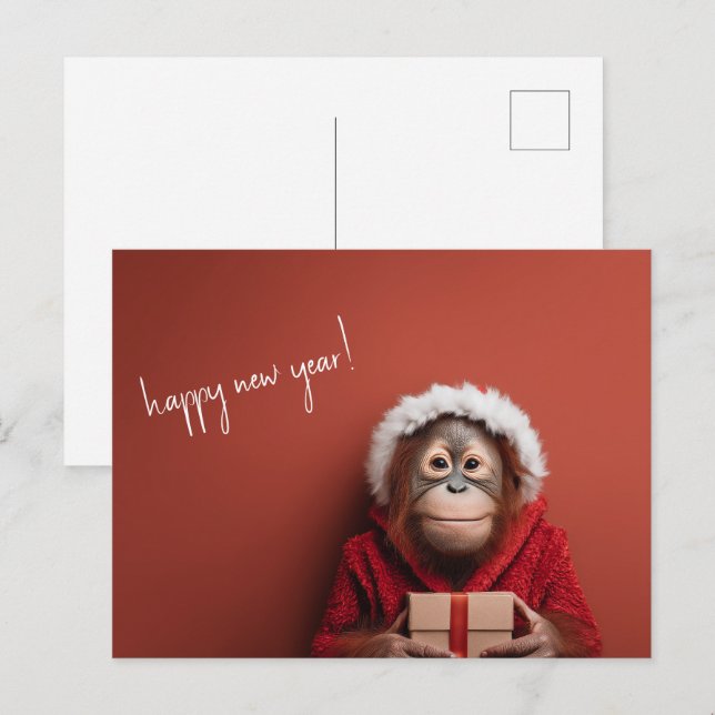 Orangutan Santa Happy Neues Jahr Postkarte (Vorne/Hinten)