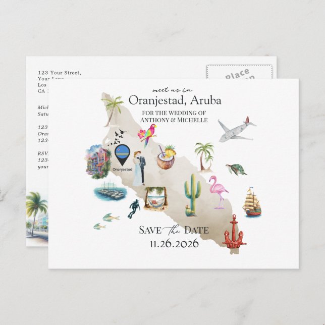 Oranjestad Aruba Destination Wedding Save the Date Postkarte (Vorne/Hinten)