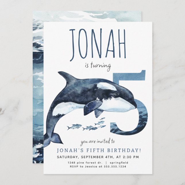 Orca 5. Geburtstag Einladung (Vorne/Hinten)