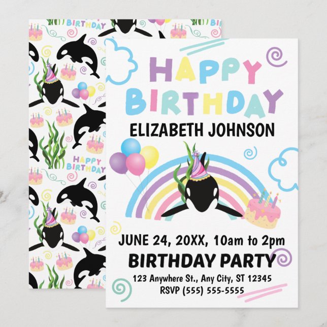 Orca Birthday Invitation in White Einladung (Vorne/Hinten)