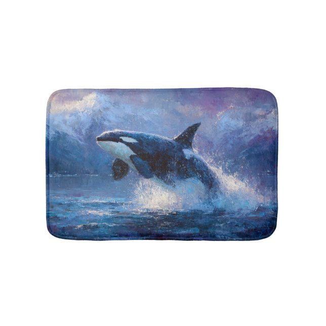 Orca Breaching Near Snowy Mountains Badematte (Vorderseite)