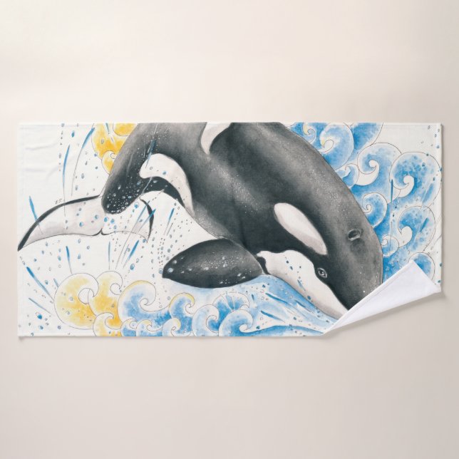 Orca Killer Whale Jumping in Waves Wasserfarbe Badhandtuch Set (Badehandtuch)