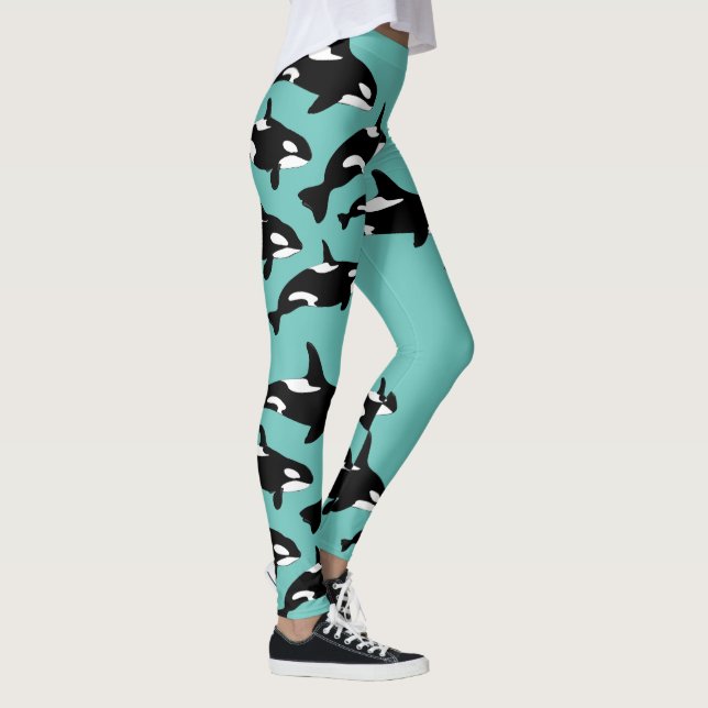 Orca Killer Whale Muster am Aquamarinen blauen Oze Leggings (Rechts)