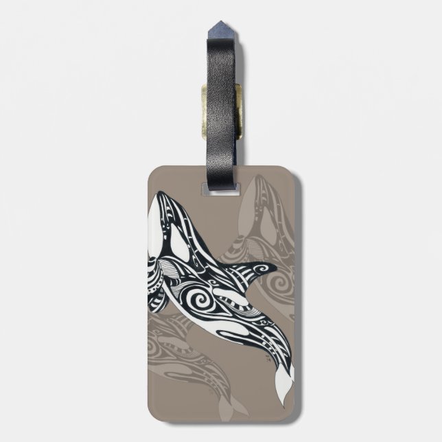 Orca Killer Whale Taupe Tlingit Tribal Tinte Gepäckanhänger (Rückseite vertikal)