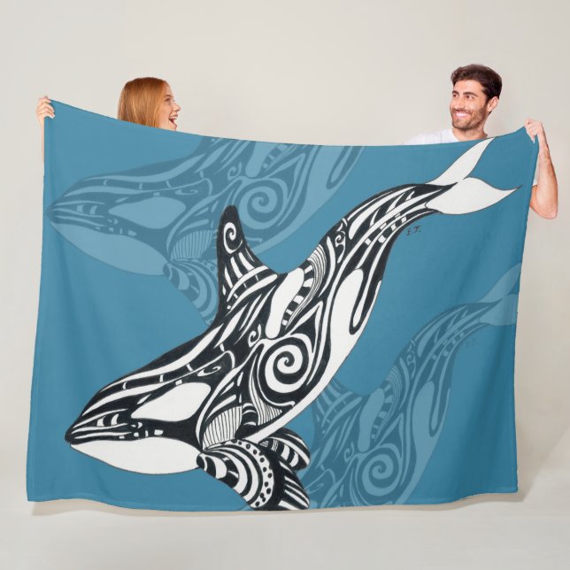 Orca Killer Whale Tlingit Indigo Blue ink Fleecedecke (Beispiel)