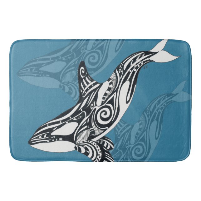 Orca Killer Whale Tlingit Indigo Blue Tinte Badematte (Vorderseite)