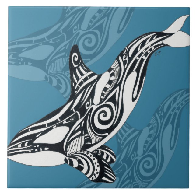 Orca Killer Whale Tlingit Indigo Blue Tinte Fliese (Vorderseite)