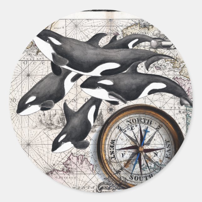 Orca Nautical Compass Runder Aufkleber (Vorderseite)