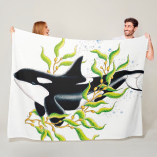 Orca Wal in Kelp Forest Art Fleecedecke