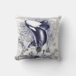 Orca-Wal-Vintages Karten-Blau Kissen