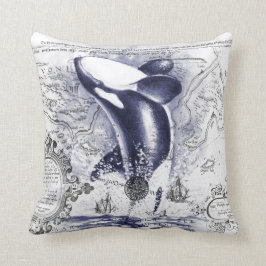 Orca-Wal-Vintages Karten-Blau Kissen