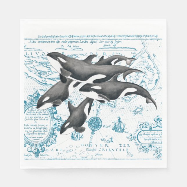 Orca Wale Familie altertümliches Blau Serviette (Vorderseite)