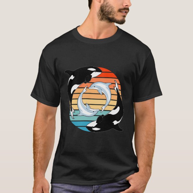Orca Wale und Delphine Retro Sunset T-Shirt (Vorderseite)