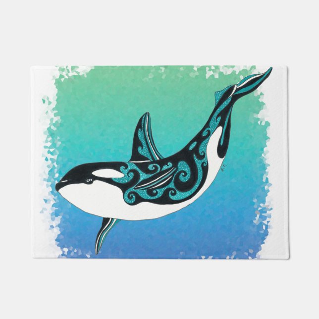 Orca Whale Aquamarin Tribal Fußmatte (Vorderseite)