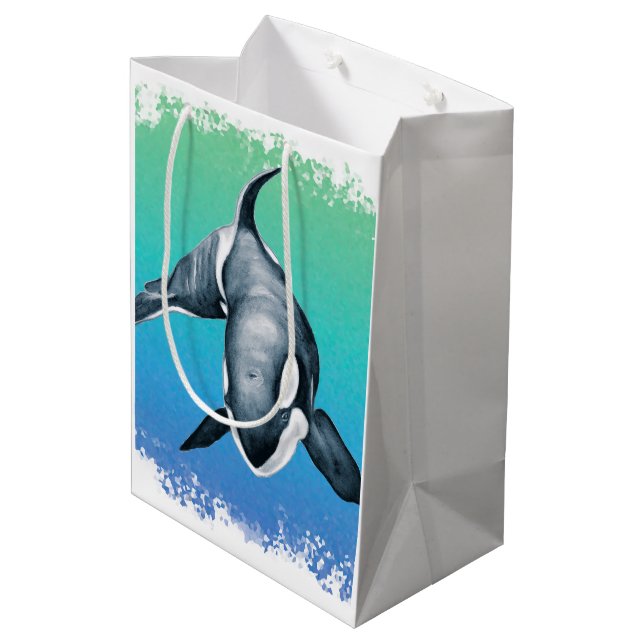 Orca Whale Aquamarines Kristall Mittlere Geschenktüte (Rückseite Schrägansicht)