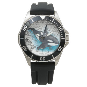Orca Whale Blue Watercolor Nautical Map Armbanduhr