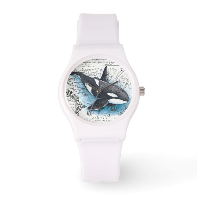 Orca Whale Blue Watercolor Schöne Karte Armbanduhr (Vorderseite)