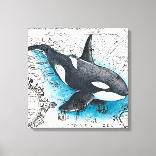Orca Whale Blue Watercolor Schöne Karte Leinwanddruck