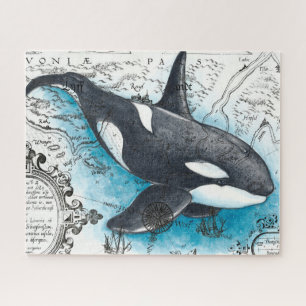 Orca Whale Blue Watercolor Schöne Karte Puzzle