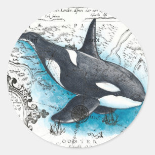 Orca Whale Blue Watercolor Schöne Karte Runder Aufkleber