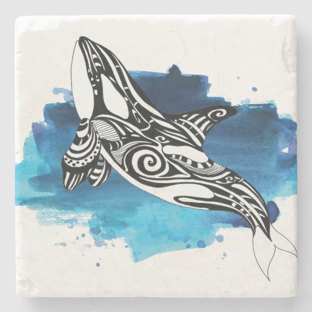 Orca Whale Blue Watercolor Steinuntersetzer (Vorderseite)