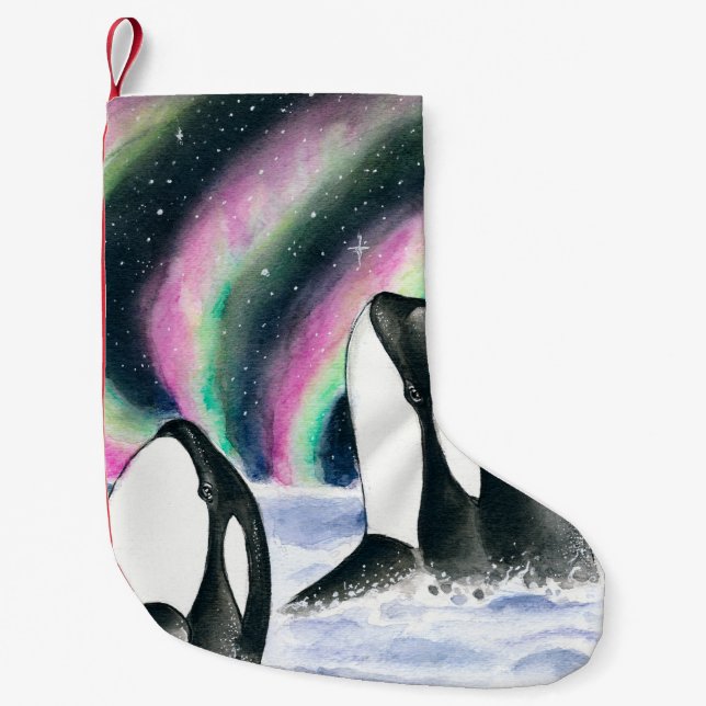 Orca Whale Galaxy Northern Lights Stars Wasserfarb Kleiner Weihnachtsstrumpf (Vorderseite)