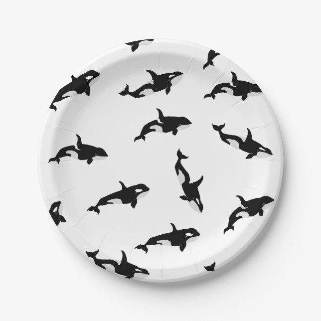 Orca Whale Illustration Pod Muster Ozean Weiß Pappteller (Vorderseite)