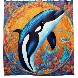 Orca Whale Leaping dekorierter Quilt Block Duschvorhang