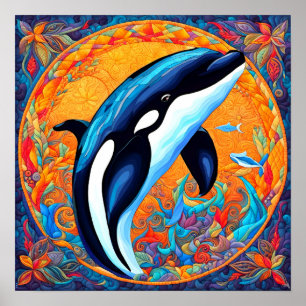 Orca Whale Leaping dekorierter Quilt Block Poster