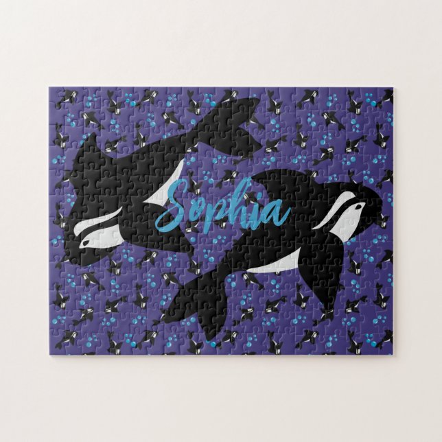 Orca Whale mit Blasen Lila blauer Hintergrund Puzzle (Horizontal)