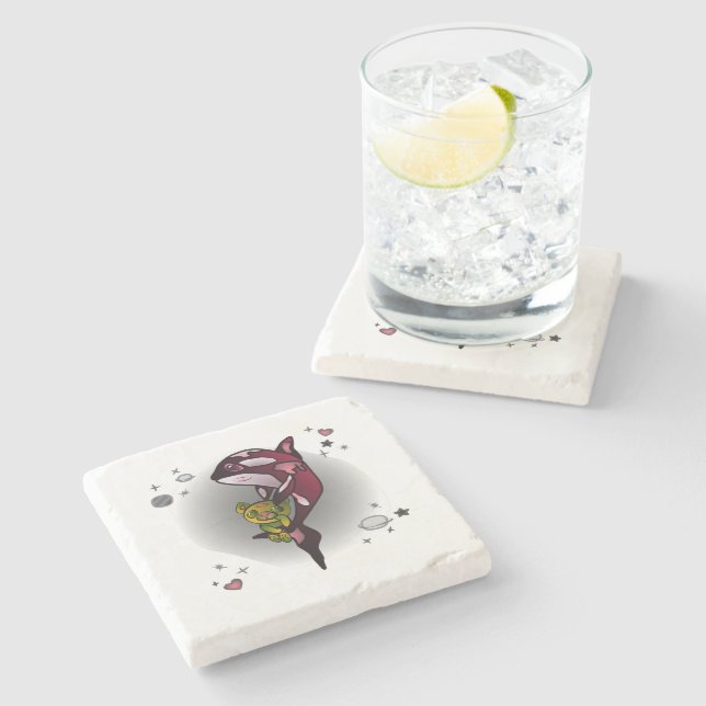 Orca Whale mit Teddy Bear im Space Graphic Design Steinuntersetzer (Seitenansicht)