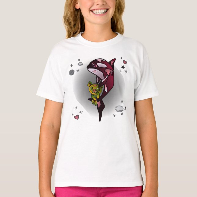 Orca Whale mit Teddy Bear im Space Graphic Design T-Shirt (Vorderseite)