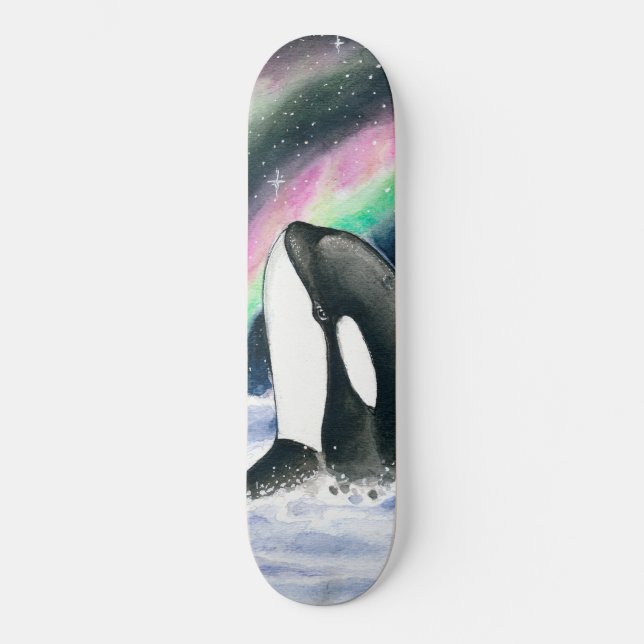 Orca Whales Galaxy Northern Lights Wasserfarbe Skateboard (Vorderseite)