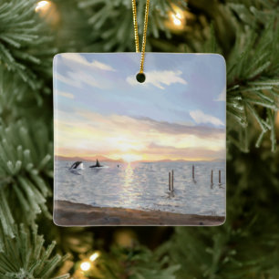 Orcas bei Sonnenuntergang Keramik Ornament