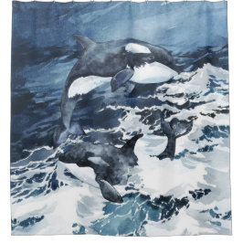 Orcas, die in den Wellen spielen Duschvorhang