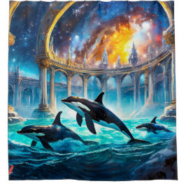 Orcas in Galaxy Castle Design von Rich AMeN Gill Duschvorhang