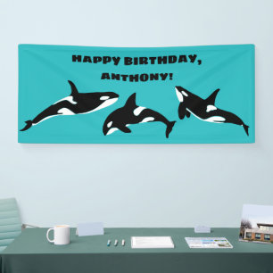 Orcas Killer Whales Aquamarin Blue Birthday Party Banner