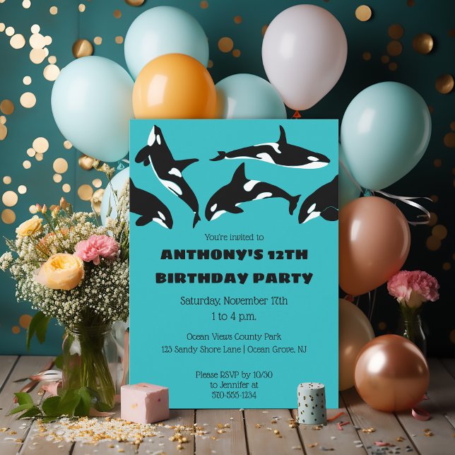 Orcas Killer Whales Aquamarin Blue Birthday Party Einladung (Von Creator hochgeladen)