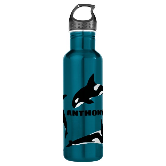 Orcas Killer Whales Aquamarin Blue Personalisiert Edelstahlflasche (Vorderseite)