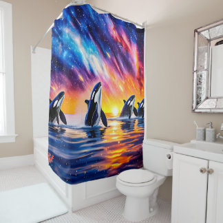 Orcas Under Galaxy Sky 02 Design von Rich AMeN Duschvorhang