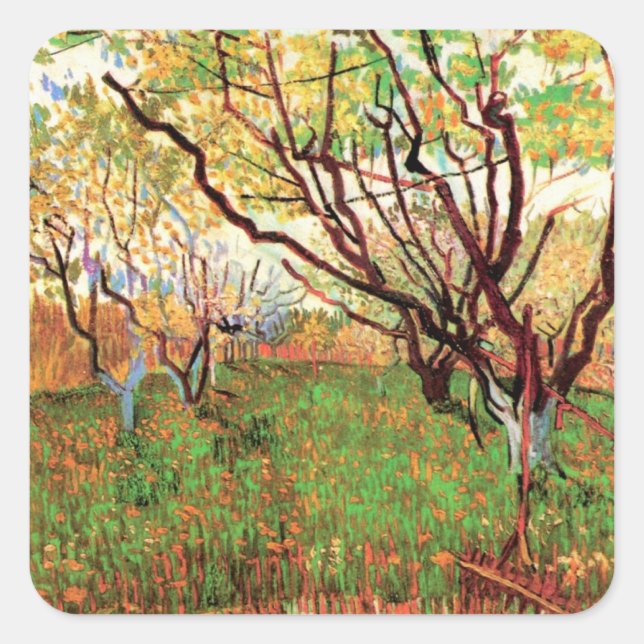 Orchard in Blossom von Vincent van Gogh Quadratischer Aufkleber (Vorderseite)