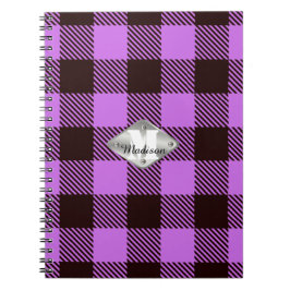 Orchid Black Tartan Metallic Monogram Script Name Notizblock