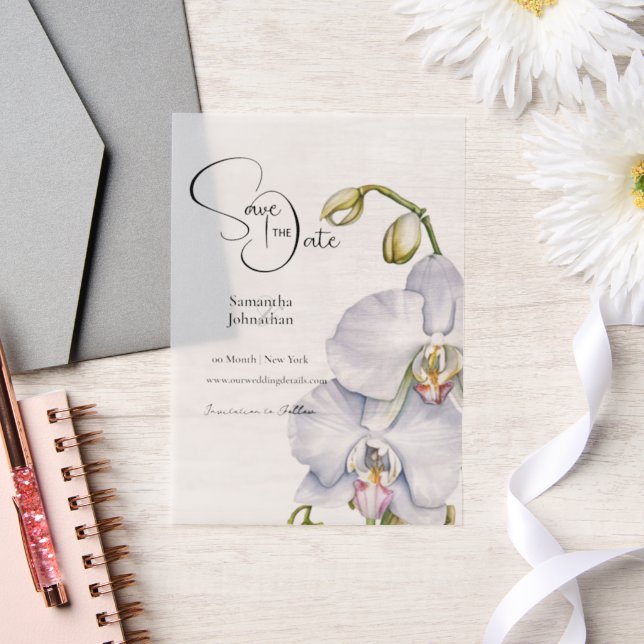 Orchid Blume, weiße Blätter Save the Date (Hochzeit)