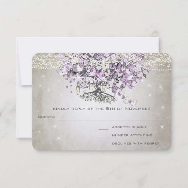 Orchid Blush Lavender Heart Leaf Tree Wedding RSVP Karte (Vorderseite)