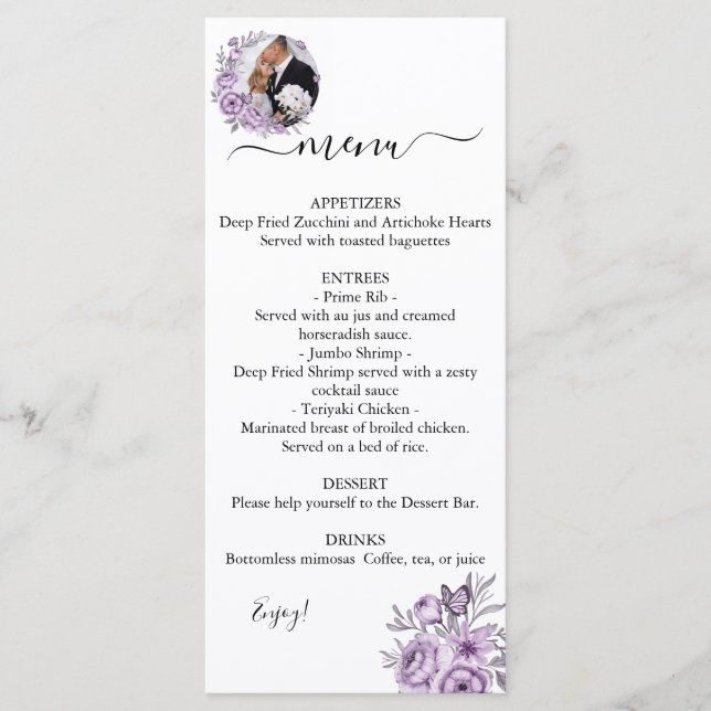 Orchid Editable Foto Wedding Menu Menükarte (Vorderseite)