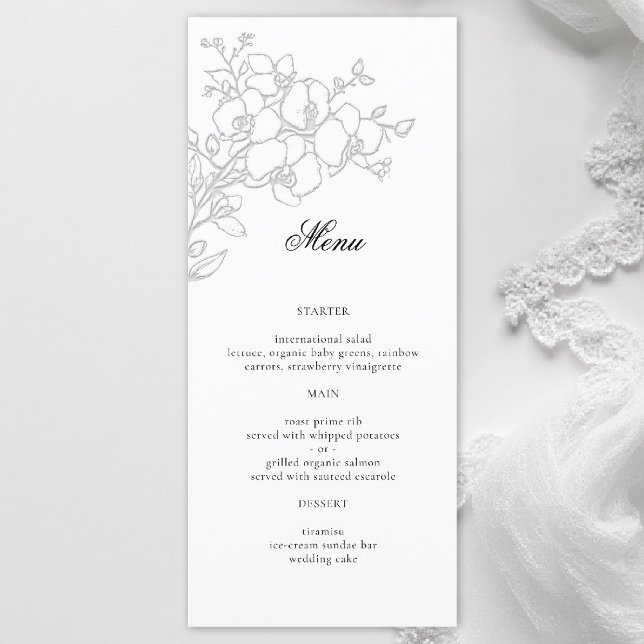 Orchid Elevated White Formal Traditional Wedding Menükarte (orchid wedding menu formal modern classic traditional black tie parents hosted white)