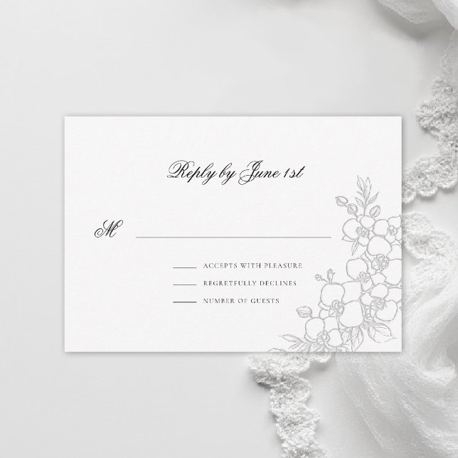 Orchid Elevated White Traditional Formal Wedding RSVP Karte (orchid wedding rsvp card formal modern classic traditional black tie parents hosted white)